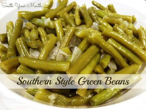 Southern Style Green Beans | South Your Mouth | Bloglovin’ French Cut Green Bean Casserole, French Style Green Beans Recipe, Original Green Bean Casserole, Slow Cooked Green Beans, French Style Green Beans, Southern Green Bean Recipes, Pioneer Art, Crowd Art, Green Bean Casserole Bacon