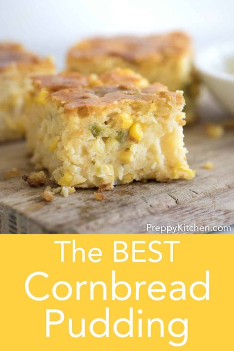 This luscious cornbread pudding, also known as spoonbread, will just blow your mind! Moist, creamy, salty-sweet with a kiss of spice from fresh jalapeños. It's a one bowl wonder that's nearly too good to be true. Creamy Corn Bread, Cornbread Pudding, Moist Cornbread, Spoon Bread, Easy Foods, Corn Dishes, Cornbread Casserole, Preppy Kitchen, Breaking Bread