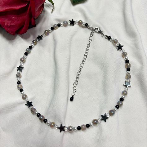 chrome black and white star themed necklace! made with stainless steel clasp + chain.  the necklace clasps from 16 - 20 inches Y2k Beaded Necklace, Grunge Star, Diy Choker, Homemade Necklaces, Enchanted Jewelry, Beaded Chain Necklace, Y2k Necklace, Gothic Necklace, Necklace Clasps