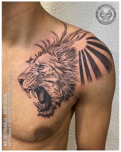 Lion Chest Tattoo Design, Lion Tattoo On Chest For Men, Sun Rays Shoulder Tattoo, Angel Chest Tattoo Men Ideas, Leo Tattoos Men, Lion Tattoo Chest, Leo Tattoo For Men, Lion Face Tattoo, Chest Tattoo Sketches