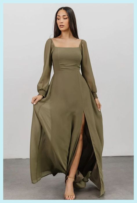 Olive Bridesmaid Dresses, Long Sleeve Bridesmaid Dress, Olive Dress, Baltic Born, Mode Abaya, Olive Green Dresses, Guest Attire, Rust Dress, Dress Dusty