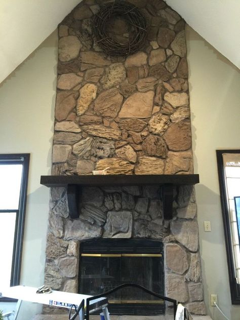 Gray-Wash A Stone Fireplace Stone Fireplace Black Mantle, Black Stone Fireplace Ideas, Updating A Fireplace, Limewash Stone, Fireplace Concrete, Whitewash Stone Fireplace, Painted Stone Fireplace, Grey Stone Fireplace, Fireplace Makeovers