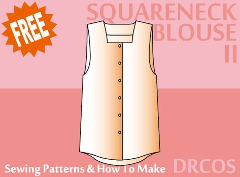 V Neck Blouse Pattern Free, Square Neck Top Pattern, Drcos Patterns, Blouse Pattern Free, Square Neck Blouse, Japanese Sewing Patterns, Stitching Patterns, Japanese Sewing, Blouse Pattern Sewing