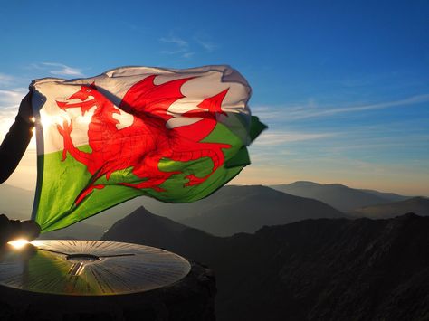 The Welsh flag flying proudly over Snowdonia. Welsh Flag, Saint David, Welsh Dragon, Snowdonia, Swansea, Flags Of The World, Queen Mary, Dragon Art, Holiday Cottage