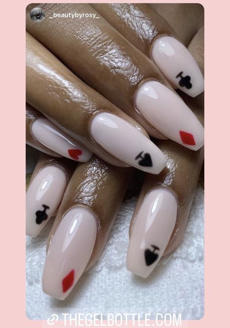 Playing Card Nail Designs, Card Themed Nails, Card Suit Nails, Ace Of Spades Nails, Queen Of Hearts Nails Designs, Casino Nails Designs, Ace Nails, Queen Of Hearts Nails, Casino Nails