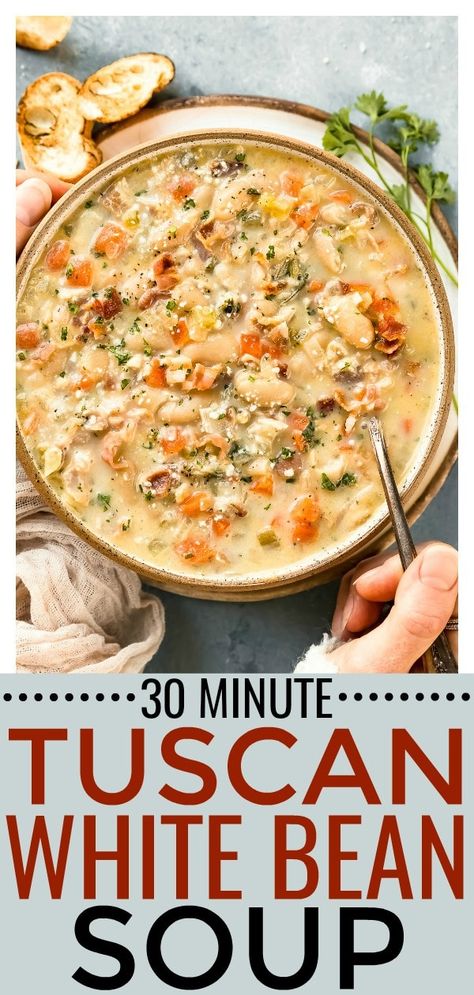 Easy Quick Soup, Tuscan White Bean Soup, Tuscan White Bean, Bean And Bacon Soup, White Bean Soup Recipes, Tuscan Soup, Quick Soup, Bacon Soup, Diner Recept