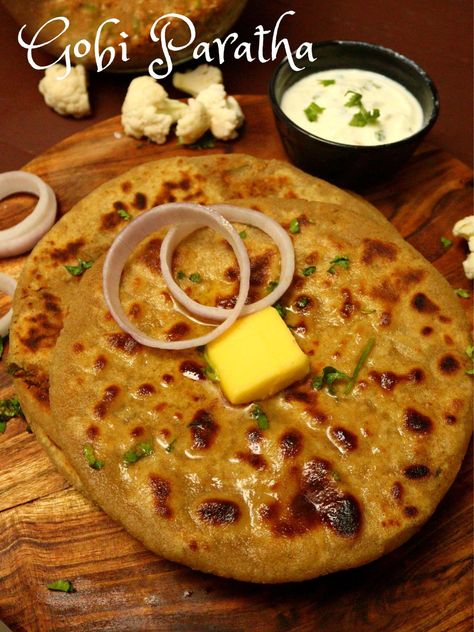 Gobi Paratha Recipes, Paratha Breakfast, Gobi Paratha, Stuffed Paratha, Wheat Flour Recipes, Indian Vegetarian Dishes, Delicious Food Image, Indian Flatbread, Paratha Recipe