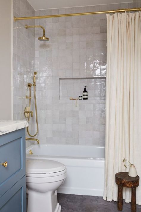 Bathroom Alcove, Kids Bathroom Remodel, Bathtub Shower Combo, Bathroom With Tub, Blue Vanity, Guest Bathrooms, Boys Bathroom, Bathroom Inspiration Decor, Upstairs Bathrooms