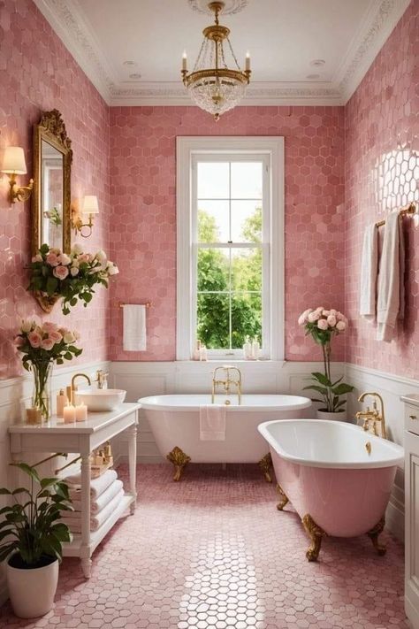 Pink Rustic Bathroom, Pink Eclectic Bathroom, Old Pink Bathroom, Pink Wallpaper Decor, Old Pink Tile Bathroom Ideas, Small Pink Bathroom Ideas, Pink House Aesthetic, Pink Tiled Bathroom, Girl Bathroom Ideas