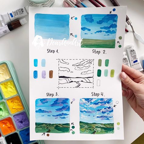 It’s time for a new step-by-step #tutorial ☺️🥰 and this is a landscape paining by using #gouache. Hope it’s helpful 😉🎨. Have a great weekend 🙏🏻 Gouache Art For Beginners, Gouache Painting Techniques, Gouache Sketchbook, Learn Painting, Patina Art, Gouache Tutorial, Art Mediums, Gouache Paint, Watercolor Tutorial