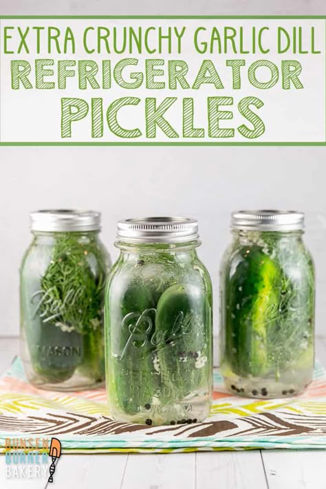 Garlic Dill Refrigerator Pickles: An easy recipe for homemade refrigerator pickles with all the secrets to keep your pickles EXTRA crunchy! #bunsenburnerbakery #pickles #cucumbers #refrigeratorpickles Pickles Refrigerator, Homemade Refrigerator Pickles, Dill Pickle Recipe, Sides Dishes, Bunsen Burner, Canning Pickles, Kitchen Basics, Homemade Ideas, Refrigerator Pickles