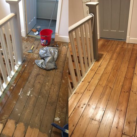 1930's hallway original floor board renovation Wooden Flooring Landing, 1930s Flooring, Sanded Floorboards, 1930s House Interior Original, Original Floorboards, Brick House Interior, Diy Wooden Floor, Wood Floor Restoration, 1800s House