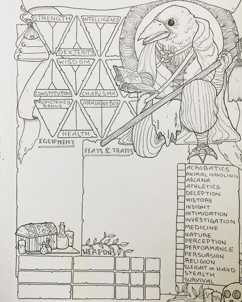 Full character sheet finished for this kenku warlock! Who needs a voice when you’ve got the voice of your demon patron, am I right? . . . #characterart #5e #dungeonsanddragons #dnd #characterdesign #commission #artwork #lineart #ink #charactersheet #roleplay #rpg #tabletop #kenku #warlock #instaart #stats #fifthedition #artist Warlock Character Sheet, Rpg Character Sheet, Dnd Diy, Dnd Character Sheet, Documents Design, Nerd Crafts, Game Master, Dungeons And Dragons Characters, D&d Dungeons And Dragons