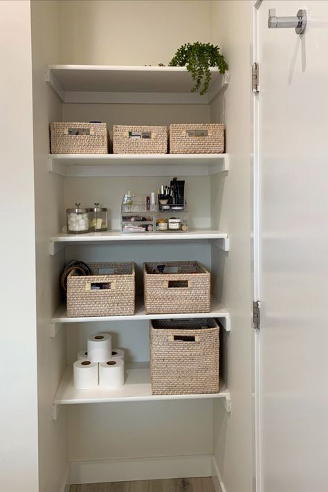 Open Shelving Organization, Closet In Bathroom, Wooden Closet Shelves, Shelving Organization, Linen Closet Makeover, Bathroom Closet Organization, Bathroom Shelf Organization, Open Bathroom, Wooden Closet