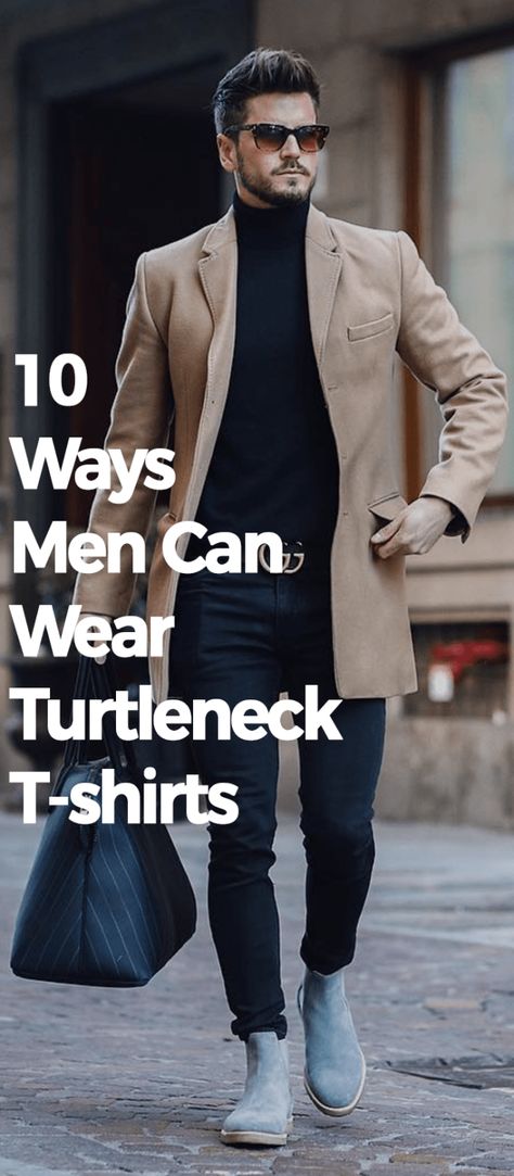 10 Ways Men Can Wear Turtleneck T-shirts. Turtleneck T Shirt Outfit, High Neck Sweater Outfit, Mens Turtleneck Outfits, Turtle Neck Outfit Men, How To Wear Turtleneck, Turtleneck Outfit Men, Turtleneck Suit, Sneakers Men Fashion Nike, T Shirt Outfit Ideas