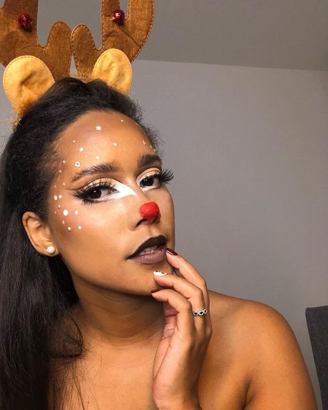 Reindeer Dance Costume, Rudolph Costume For Women, Reindeer Costume Makeup, Rudolph Makeup Simple, Rudolph Makeup Reindeer, Rudolph The Red Nosed Reindeer Costume, Rudolph The Red Nosed Reindeer Makeup, Rudolf Makeup, Rudolf Costume