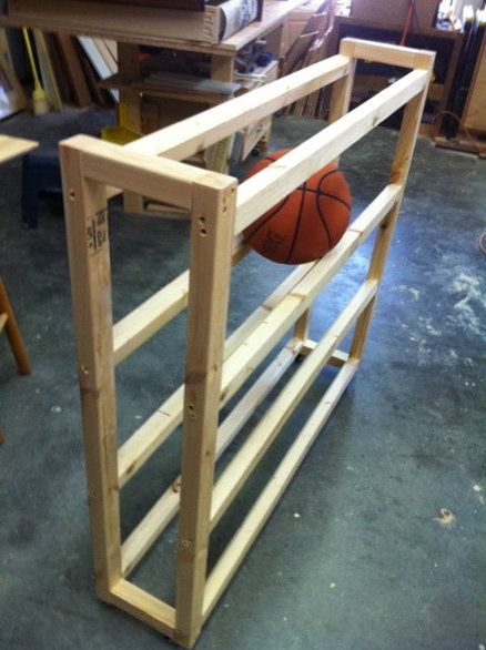 diy Basketball rack. A rolling metal one would be better, but this will do! Diy Boy Bedroom, Diy Basketball, Basketball Bedroom, Basketball Rack, Basketball Room, Ball Storage, Woodworking For Kids, Sports Room, Garage Ideas