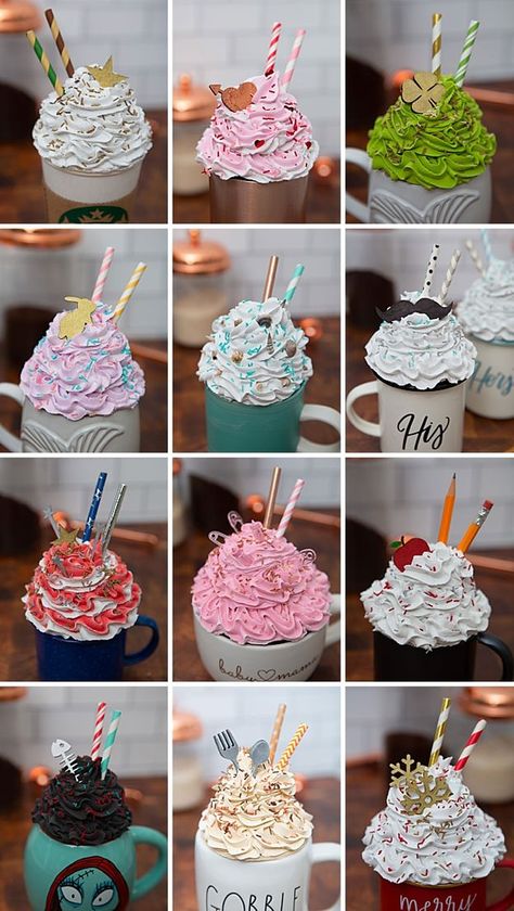 Mug Toppers Diy, Food Props Diy, Diy Whipped Cream, Mug Toppers, Faux Desserts, Faux Whipped Cream, Fake Food Props, Cream Mugs, Fake Bakes