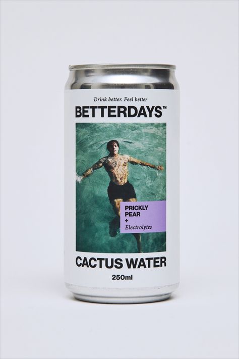 Fusing the CPG world and an editorial aesthetic, designer James Hill created Betterdays' packaging with a keen eye. Each of the products in the range features an optimistic, upbeat connotation. While the photography is quick to make an impact, the bright hues balanced with excessive white space add a harmonious sense of proportion to the can. Coffee Aesthetic Design, Packaging With Photography, Can Beverage Design, Beer Design Packaging, Canned Drinks Packaging, Soda Can Design Packaging, Space Packaging Design, Beer Can Label Design, Can Drink Design