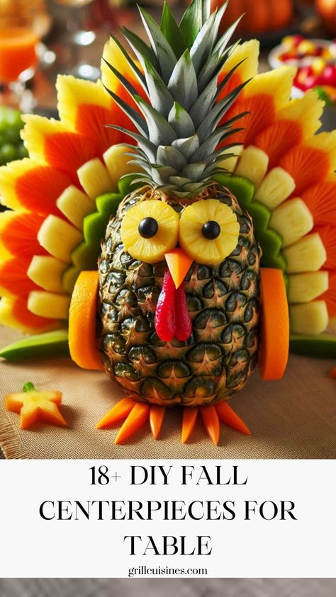 Create a stunning DIY Thanksgiving table with these centerpiece ideas! From a Pineapple Turkey Centerpiece to Decorating with Mushrooms, these DIY Fall Centerpieces for your table are perfect for Thanksgiving 2024. Whether you're looking for Homemade Fall Decorations, Cheap Thanksgiving Decorations, or Friendsgiving Decor, these ideas will make your holiday table shine. 
Fall Harvest Party Table Decorations, November Table Centerpieces Pineapple Turkey Thanksgiving, Turkey Food Art, Pineapple Turkey Centerpiece, Tropical Thanksgiving Table, Thanksgiving Fruit Trays, Fruit Platter Thanksgiving, Thanksgiving Food Decor, Thanksgiving Fruit Tray Ideas, Turkey Fruit Display