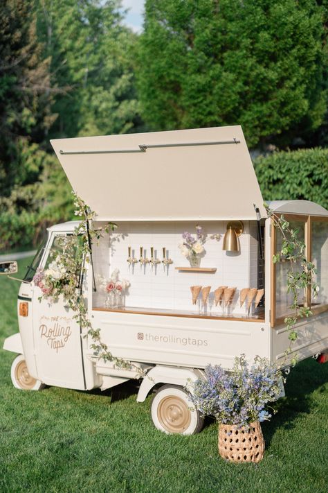 Designed and styled by Kate Elizabeth Events, a Utah based wedding planner. #kateelizabethevents #utahwedding #weddingdesigner #weddingplanning #destinationwedding #weddingreception #backyardwedding #englishedbackyardwedding #italianbackyardwedding #utahbride #saltlakecitywedding #parkcitywedding #utahweddingplanner Wedding Ice Cream Cart, Wedding Ice Cream Truck, Acai Truck, English Backyard, Island Night, Coffee Booth, Backyard Garden Wedding, Bloom Bar, Trailer Bar