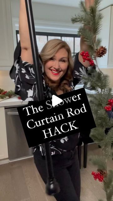 Jennifer Valentyne on Instagram: "I had to try the viral shower curtain rod hack to hang garland on my kitchen window. So easy and you can remove it and brace it somewhere else. If you try it let me know! Here’s what you need… •shower curtain rod •garland •wire and more branches if you choose •lights  Just wrap it around the rod and let the sides hang  #christmasdecor #garland #hack" Christmas Curtains Kitchen, Shower Curtain Hack, How To Decorate With Tinsel Garland, Shower Curtain Garland, Garland On Curtain Rod, Shower Rod Christmas Garland, Tension Rod Christmas Garland, Kitchen Window Garland, Curtain Rod Garland