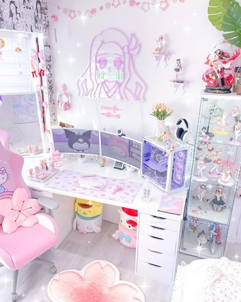 Kawaii • Instagram Cute Gaming Setup, Nintendo Grl, Nintendo Girl, Figure Room, Pink Pc, Kawaii Room Ideas, Gaming Rooms, Gamer Setup, Desk Setups