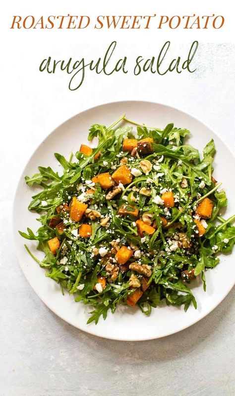 Roasted sweet potato salad with arugula, walnuts and feta is a hearty and filling salad. Potato And Arugula Salad, Lentil Salad Recipes, Arugula Recipes, Layered Salad Recipes, Arugula Salad Recipes, Hungry People, Spinach Salad Recipes, Simple Vinaigrette, Roasted Sweet Potato