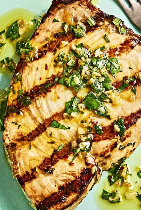 This swordfish steak with salmoriglio features a simple Italian lemon-and-herb marinade over meaty swordfish for a quick and easy dinner.  #dinnerideas#dinnerrecipes#dinnerdishes#familydinnerideas#supper#supperideas Grilled Swordfish Steaks, Swordfish Steak Recipe, Best Grilled Steak, Swordfish Steak, Grilled Swordfish, Swordfish Recipes, Grilled Steak Recipes, Herb Sauce, Marinated Steak