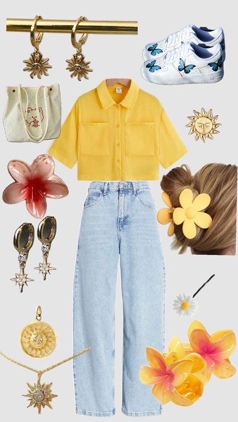 #yellow#inspo#outfit Yellow Jeans Outfit Aesthetic, Yellow And Blue Outfits Women, Yellow And Blue Outfits, Minion Aesthetic, Yellow Jeans Outfit, Outfit Ideas Yellow, Vegas Fits, Yellow Top Outfit, Yellow Outfits