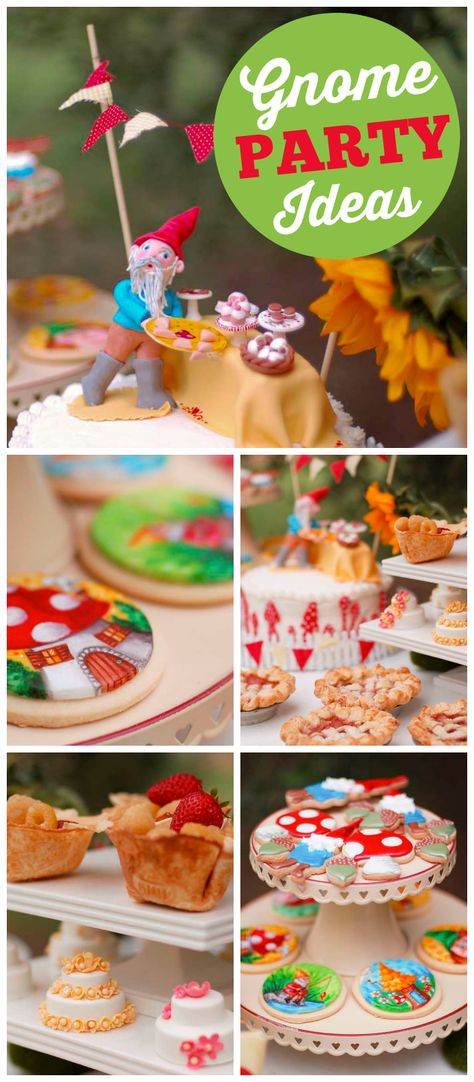 An adorable gnome girl birthday party with a ring toss, coloring, finger puppets and miniature desserts!  See more party planning ideas at CatchMyParty.com! Gnome Birthday Party Ideas, Gnome Birthday Party, Gnome Wedding, Birthday Gnomes, Miniature Desserts, Birthday Gnome, Gnome Birthday, Gnome Party, Sweet Display