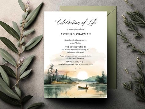 Celebration of Life Invitation, Fishing Fisherman Funeral Announcements Memorial Invitation, Funeral Template, Printable pdf or Printed Card Fishing Invitations, Memorial Invitation, Service Ideas, Friday Harbor, Fishing Theme, Beautiful Invitations, Memorial Service, Celebration Of Life, Email Address