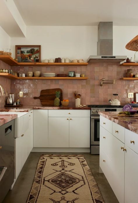 White cabinets, zellige tile backsplash, pink and red kitchen Minimal Boho Kitchen, Pink Zellige Tile, Red Tile Kitchen, Red Kitchen Tiles, Zellige Tile Backsplash, Architectural Digest Kitchen, Backsplash Kitchen White Cabinets, Red Backsplash, Tile Countertops Kitchen