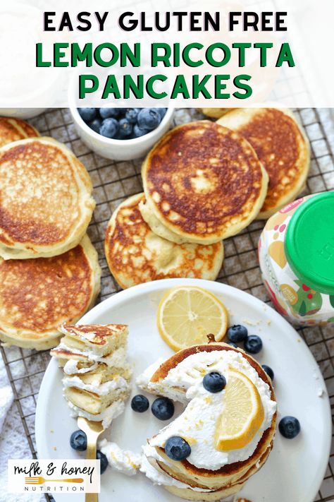 Gluten Free Lemon Ricotta Pancakes, Ricotta Pancakes Gluten Free, Gluten Free Protein Pancakes, Lemon Pancakes, Gluten Free Brunch, Lemon Ricotta Pancakes, Ricotta Pancakes, Lactose Free Recipes, Lemon Ricotta