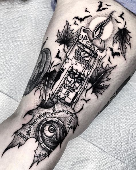 Angelo Parente on Instagram: “Black Flame Candle 🕯🍁 #hocuspocus . . . #blackwork #inkedmag #dotworker #hocuspocustattoo #halloweentattoo #dotworktattoo #tattoosnob…” Hocus Pocus Tattoo, Halloween Tattoos Sleeve, Kenny Ortega, Candle Tattoo, Scary Tattoos, Witch Tattoo, Theme Tattoo, Spooky Tattoos, Horror Tattoo