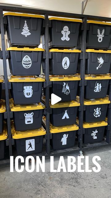 David Yakos on Instagram: "I ditched messy labels and the idea of QR codes for custom vinyl stickers on my bins. I drew them on an iPad and cut them out with my laser. No more bad handwriting, masking tape, or scanning with a phone.  We all know what’s in each bin from a simple icon…  finding things and putting them away is a bit more fun and a breeze for me and the whole family!  #ocdhack #customlabel #OrganizationHacks #DIY #FamilyFun #coolgarage #ocd #ocdorganizing #binrack #toterack #diy4good" Storage Tub Labels, Organization Techniques, Bad Handwriting, Garage Storage Bins, Garage Storage Plans, Cricut Storage, Bin Rack, Garage Storage Inspiration, Garage Organization Tips