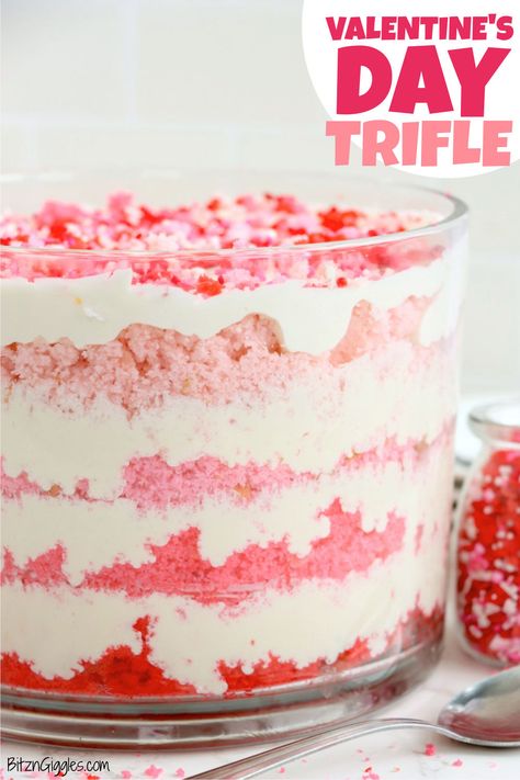 Valentine’s Day Trifle - A gorgeous trifle dessert for Valentine's Day made with vanilla cake crumbles and a sweet creamy whipped filling. Pink Trifle Desserts, Pink Trifle, Valentines Trifle, Valentine’s Day Trifle, Valentine Trifle, Valentine Cakes Ideas, Valentine’s Day Deserts, Valentine Cakes, Triffle Recipe