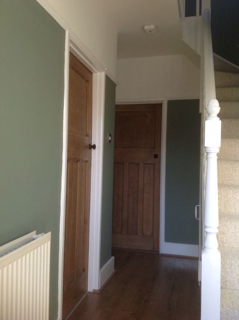 1930s detached hallway crown period promenade green Picture Rail Door Frame, 1930s Picture Rail, 1930s Hallway Ideas, Dado Rail Hallway, 1930s Hallway, Hallway Green, Hallways Ideas, Blue Hallway, Hallway Pictures