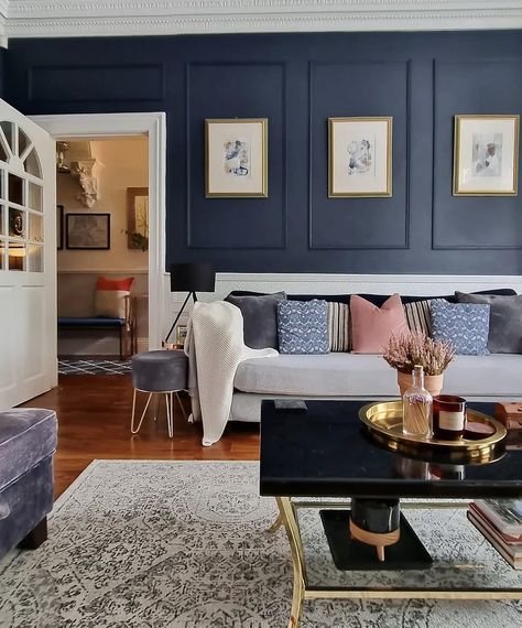 Edwardian Renovation, Home Office Basement, Dark Walls Living Room, Navy Living Room, Office Basement, Modern Georgian, Navy Living Rooms, Wall Moulding, Navy Walls