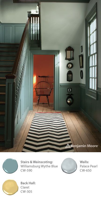 Take your style cues from classic American designs featured throughout the Colonial Williamsburg historic area. Benjamin Moore’s WILLIAMSBURG Collection contains paint colors based on original pigments developed more than 250 years ago. Flip the script on your entryway with wainscoting in ‘Williamsburg Wythe Blue CW-590’. Den No Windows, Hall Colours, Interior Paint Ideas, Goth Cottage, Hallway Colours, Old Homes, House Colours, Colonial Homes, Paint Palettes