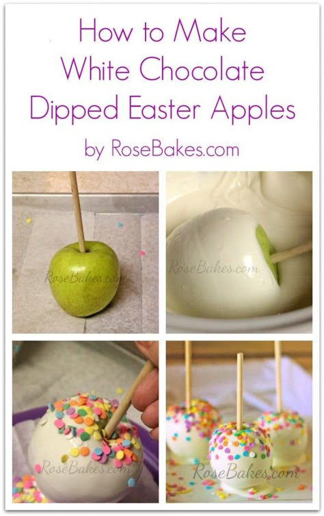 How to Make White Chocolate Dipped Easter Apples | http://rosebakes.com/make-white-chocolate-dipped-easter-apples/ Gourmet Candy Apples, Dipped Apples, Dipped Treats, Covered Apples, Gourmet Caramel Apples, Candy Apple Recipe, Caramel Apples Recipe, Candied Apples, Chocolate Covered Apples