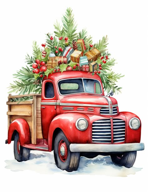 Each page invites you to explore a winter wonderland and bring it to life with your creative touch. Truck Clipart, Iconic Christmas, New Year Clipart, Vintage Red Truck, Christmas Tree Clipart, Christmas Landscape, Winter Szenen, Watercolor Red, Christmas Truck