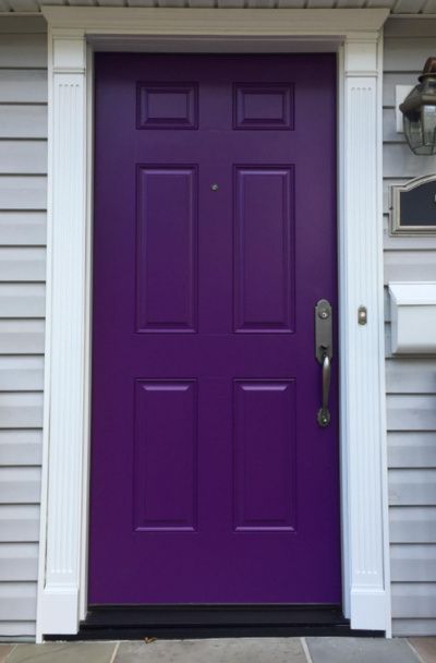 31 Houses With Purple Front Entry Door Ideas | Sebring Design Build Purple Front Door Ideas, Front Door Purple Paint Colors, Purple Doors Front House, Purple Front Door Grey House, Grey House Purple Door, Purple Front Door White House, Purple Front Door Colors, Purple Exterior Door, Violet Front Door