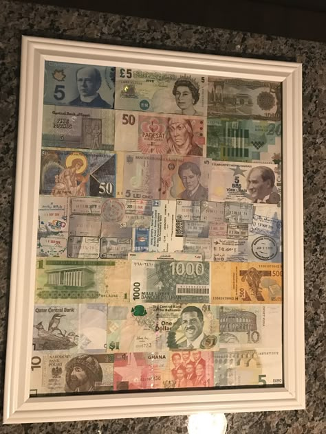 Foreign money collage! Framed Coins Ideas, How To Display Foreign Currency, Foreign Coin Display, Money Display Ideas, Foreign Currency Display Ideas, Foreign Money Display Ideas, Money Collage Art, Pics Of Money, Money Collage