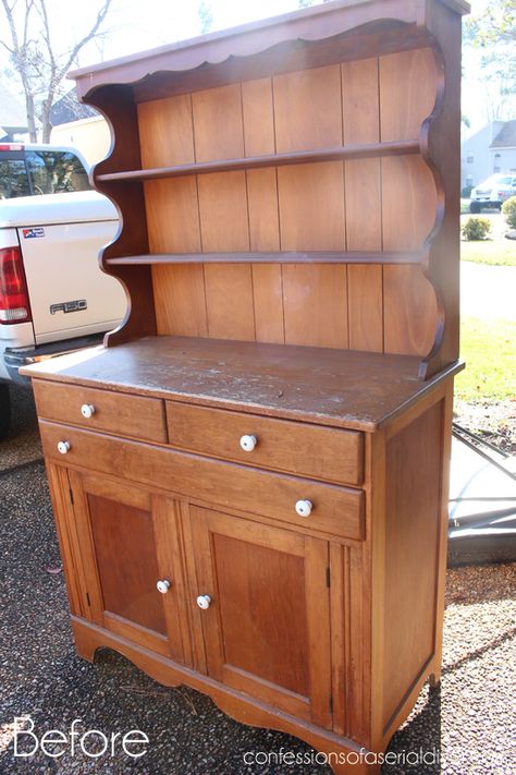 Farmhouse Hutch Before Hutch Top As Upper Cabinet, Vintage Hutch Rustic, Litchen Hutch, Farmhouse Hutch Makeover, Hutch Furniture, White Hutch, Hutch Top Ypcycle, Farmhouse Hutch, Farmhouse Hutch Dutchcrafters Amish Furniture