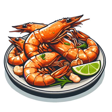 Sea Food Drawing, Shrimp Cocktail Drawing, Fish Food Illustration, Shrimp Image, Prawn Food Illustration, Easy Scenery Drawing, Cooking Icon, Fried Chicken Burger, Middle East Food