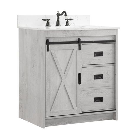 Sand & Stable Jillian 30'' Single Bathroom Vanity with Engineered Stone Vanity Top & Reviews - Wayfair Canada Rustic White Farmhouse, Hidden Shelves, 60" Bathroom Vanity, Engineered Stone Countertops, Coastal Farmhouse Style, White Barn Door, 36" Vanity, Hidden Shelf, White Wash Finish