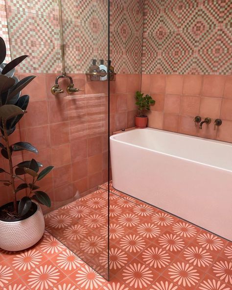 We're always dreaming in coloured tiles and now it seems you and your bathrooms are too!! When it comes to bathroom renovations or additions, colour plays a major role, and these days, increasing numbers of homeowners are choosing to make an impact with coloured tiles. Although coloured tiles have long been a feature of bathroom design, they are now making a sweeping return in millennial shades of blush, rose, salmon, peach, and terracotta! Luckily our Jatana range is filled with these tone... Bathrooms With Character, Fun Floor Tile, Mexican Mosaic, The Block Kitchen, Fun Toilet, Mexican Bathroom, Apartment Block, Encaustic Tiles, Interior Tiles