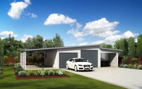 Ranbuild sells a huge range of skillion buildings and sheds for any rural usage… Metal Building Garage, Shed Carport, Triple Garage, Building Garage, Granny Flat Ideas, Diy Carport, Pole Barn Garage, Man Garage, Backyard Garage