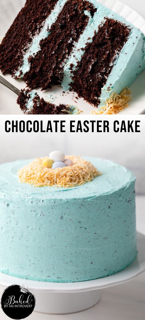 Two images, with the top one being a slice of chocolate cake with blue frosting laid on its side on a plate. The bottom image is a whole cake with coconut shavings in the shape of a nest and candy eggs inside. Chocolate Easter Cake, Easter Cake Recipes, Easter Desserts Recipes, Festive Desserts, Decadent Chocolate Cake, Easter Cake, Cupcake Flavors, Easter Dinner, Easter Chocolate